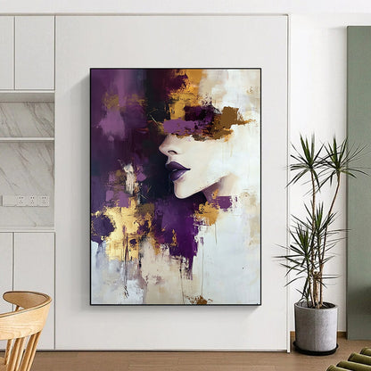 Contemporary hand-painted abstract art featuring a woman with purple and gold accents soft tones and thick brush strokes in a beige and white palette. DLZ0974