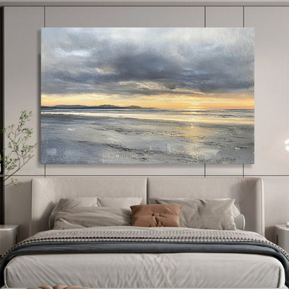“Stormy Sunset Beach” - Grays, Oranges, Yellows, Coastal Sunset - Impressionist Oil Painting HB1595