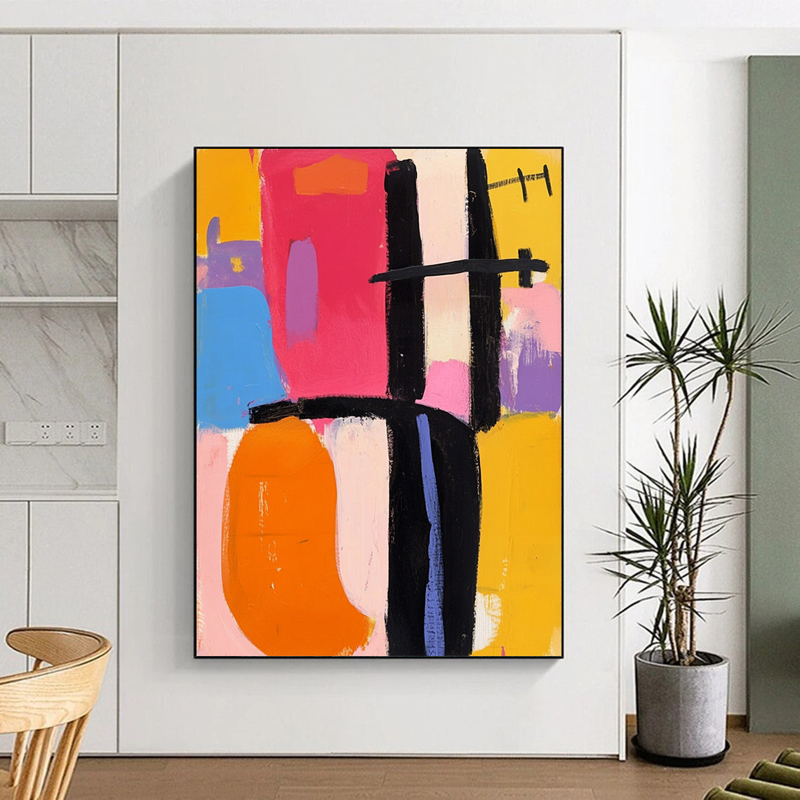 Bold contemporary abstract artwork featuring vibrant pink orange yellow blue black and purple shapes inspired by Frank Kline's dynamic style. DLZ0931
