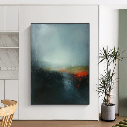 Contemporary abstract artwork featuring deep sky blue and green with red highlights, layered under a dark gray misty sky, inspired by Turner's atmospheric style. DLZ0400