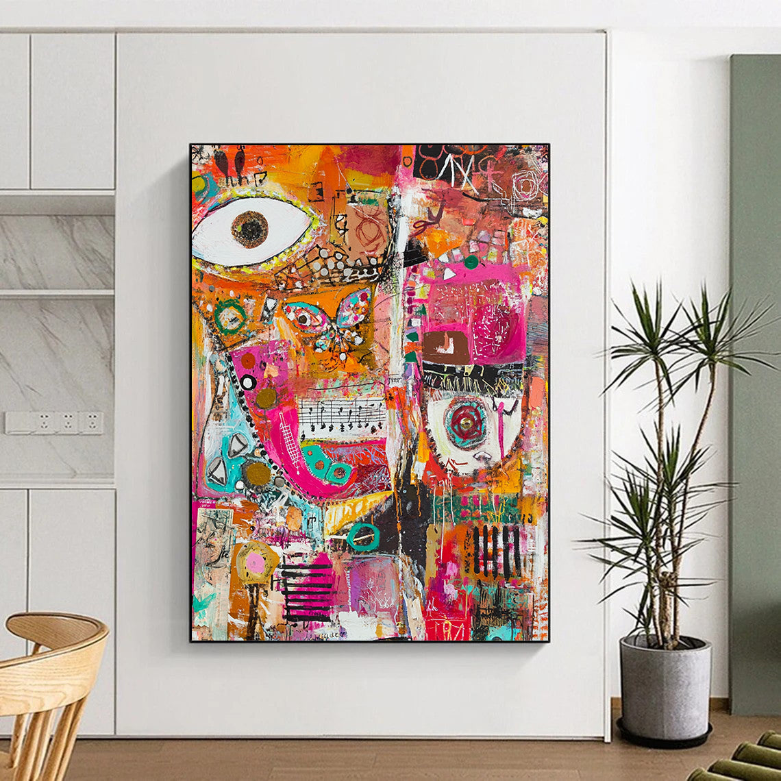 Vibrant contemporary abstract painting featuring joyful collage of musical notes fabric scraps paint splatters and geometric forms celebrating creativity and expression. DLZ0948