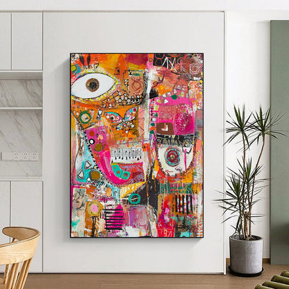 Vibrant contemporary abstract painting featuring joyful collage of musical notes fabric scraps paint splatters and geometric forms celebrating creativity and expression. DLZ0948