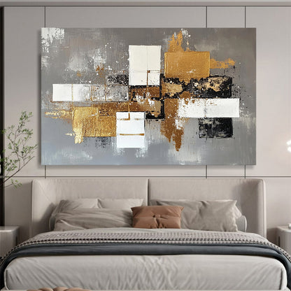 “Gilded Geometric Abstract” - Gray, White, Black, Gold - Textured Geometric Abstract with Gold - Acrylic Painting HB1323