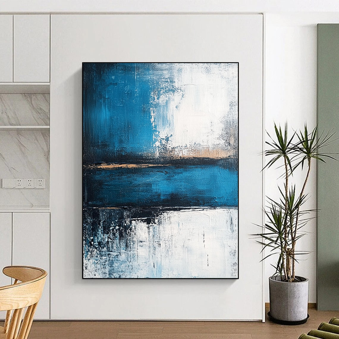 Contemporary abstract painting showcasing a serene blue sea with deep gray strokes and light white accents, evoking tranquility and strength. DLZ0360