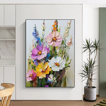 Vibrant contemporary hand-painted abstract art featuring a textured bouquet of flowers with rich colors against a clean white background. DLZ1674