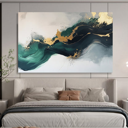 “Elegant Gold and Green Abstract Flow” - Green, gold, gray, white; Abstract fluid shapes with gold accents; Acrylic Painting On Canvas HB1240