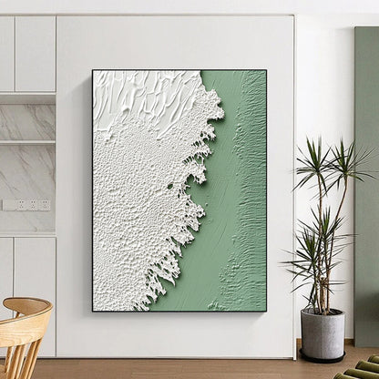 Contemporary abstract artwork featuring a soft sage green wall and delicate white textured paint resembling intricate lace, emphasizing rich color and texture. DLZ1214