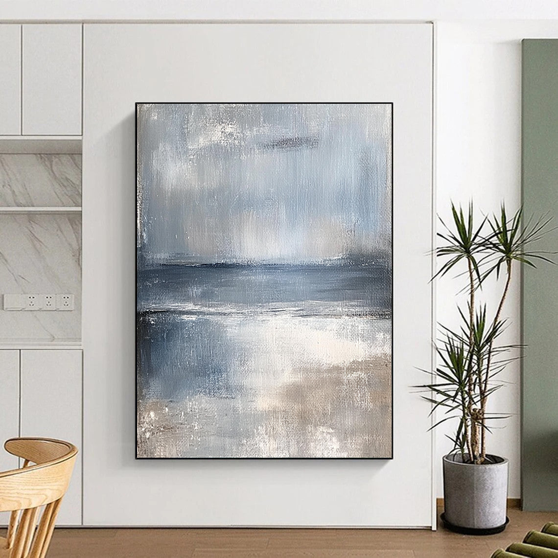 Large contemporary hand-painted abstract artwork featuring serene coastal landscape in muted tones of pale blue and gray evoking a calming sea breeze. DLZ0373
