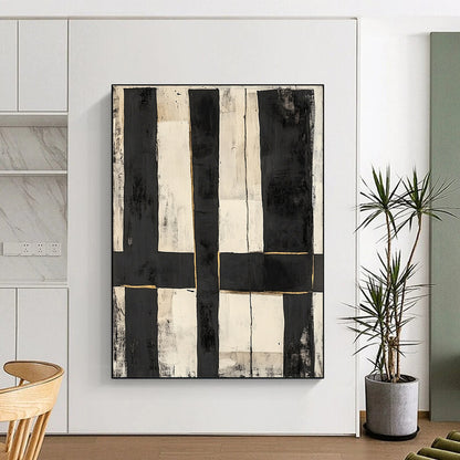 Black, White, Gold, Vertical Rectangles "Gilded Grid" Abstract Constructivist - Inspired Painting On Canvas HB142