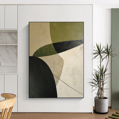 Contemporary abstract painting featuring calming white green and black curves with shadow effects on a beige background expressing simplicity and depth. DLZ1399