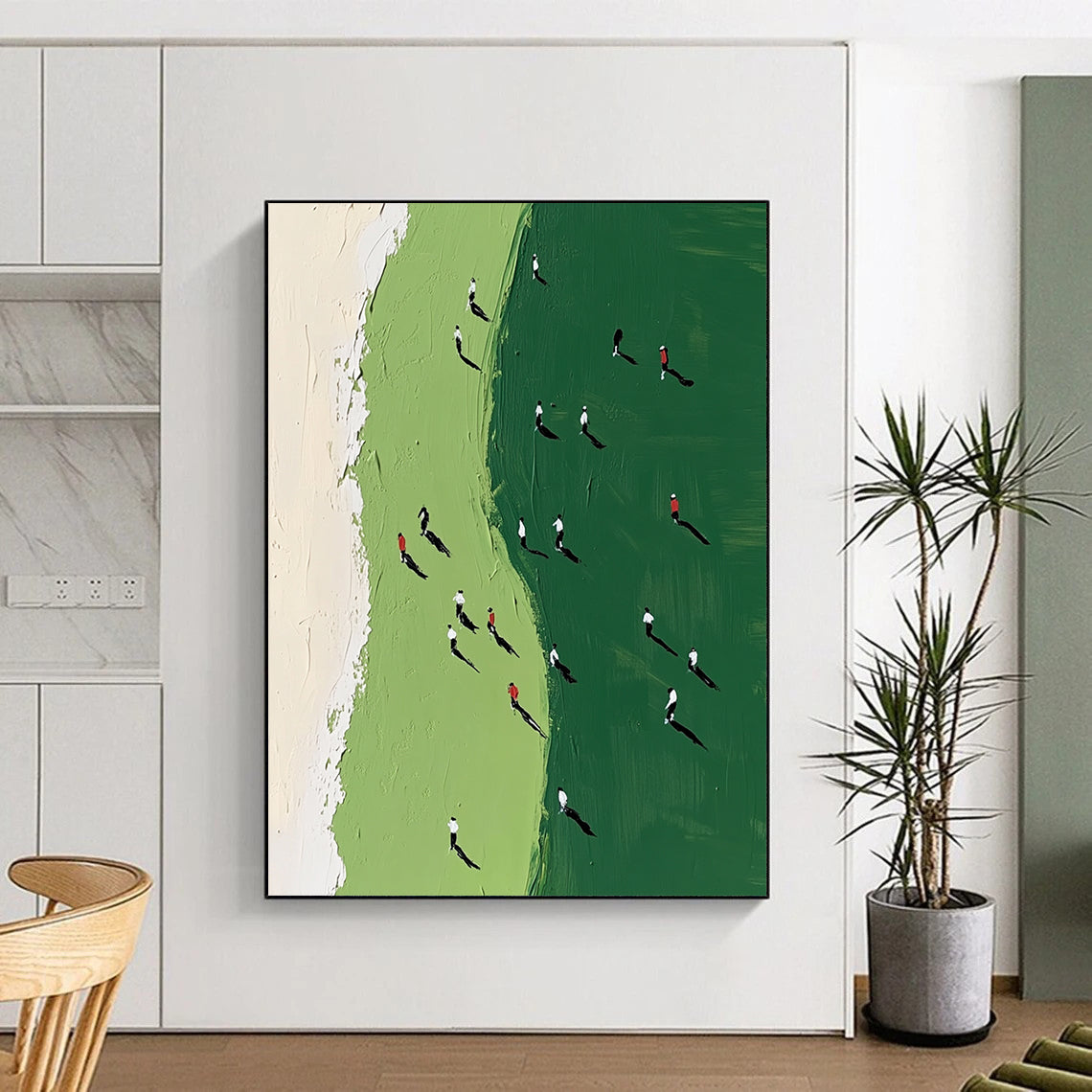 Vibrant contemporary abstract painting showcasing a green and white golf course with tiny figures in motion, perfect for modern art enthusiasts. DLZ0917