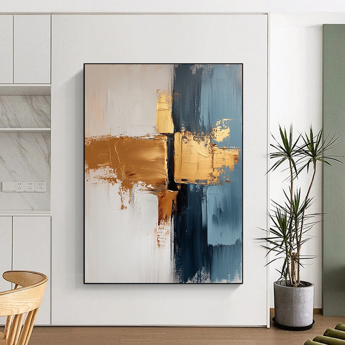 Contemporary abstract painting features a white background with gold and gray brush strokes delivering tranquility and elegance suitable for living room or bedroom decor. DLZ0689