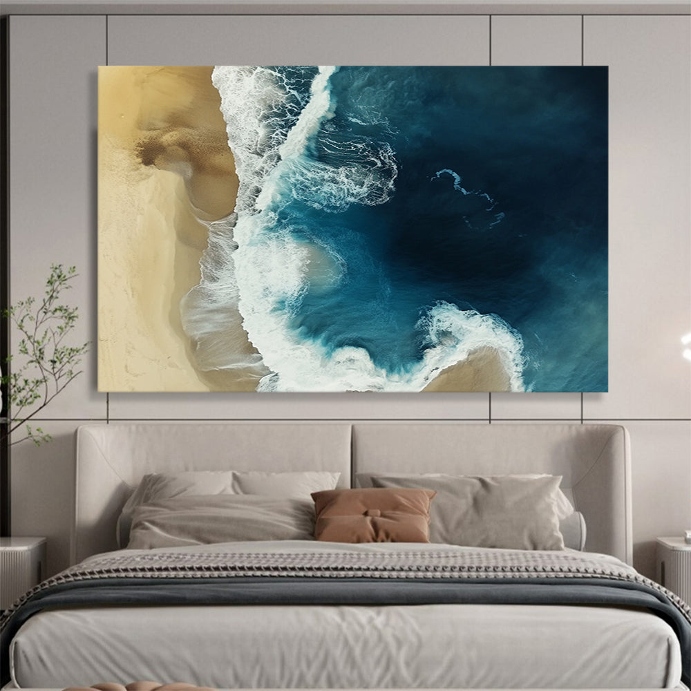 “Aerial Beach View” - Blue, White, Beige with Ocean and Sand - Aerial Photography Print HB1355