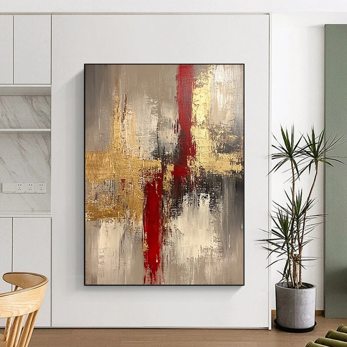 Contemporary hand-painted abstract artwork featuring rich beige tones enhanced with gold and red accents creating a striking visual experience. DLZ0438