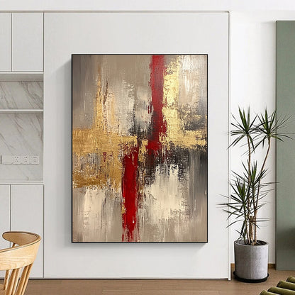 Contemporary hand-painted abstract artwork featuring rich beige tones enhanced with gold and red accents creating a striking visual experience. DLZ0438