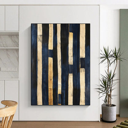 Navy Blue, Beige, Gold, Vertical Stripes "Coastal Rhythm" Abstract Nautical - Inspired Painting On Canvas HB043