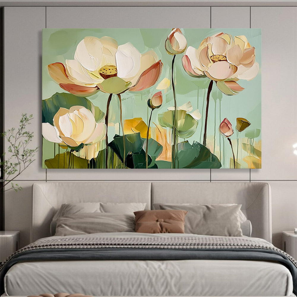 “Soft - Hued Lotus Serenity” - Pale Pink, Green, Cream, Graceful Lotus Blooms Painting On Canvas HB1018