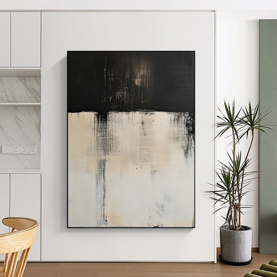 Contemporary abstract art features large white and black color blocks with blurred edges and delicate textures in high definition minimalist style. DLZ0712