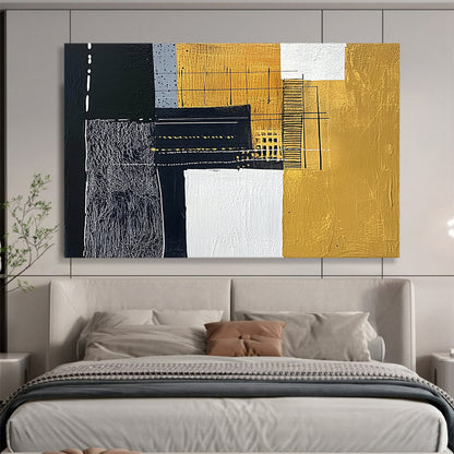 “Black Gold White Geometric Mix” - Black, gold, white, gray; Geometric abstract with mixed textures HB1292