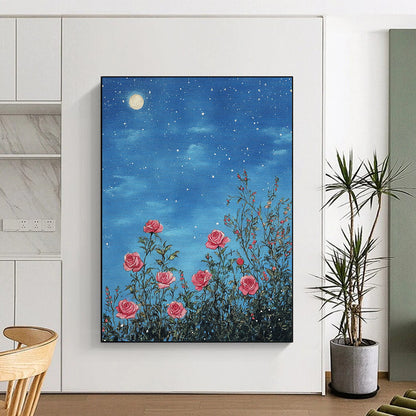 Contemporary abstract art featuring pink roses under starry skies detailed in soft pastels with a vintage touch and intricate lace design. DLZ1254
