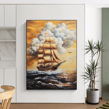 Contemporary hand-painted abstract art featuring a tall ship, white clouds, and birds, evoking a vintage nautical atmosphere. DLZ1477