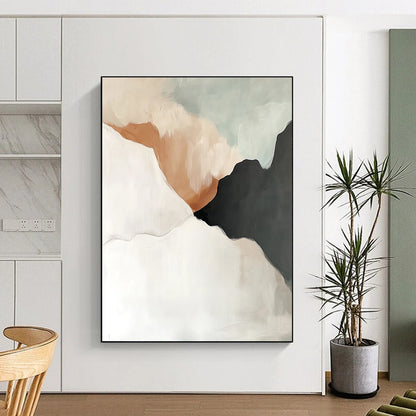 Contemporary hand-painted abstract artwork in white, grey, and beige tones with black accents, featuring fluid shapes and soft edges in light grey and amber hues. DLZ0781