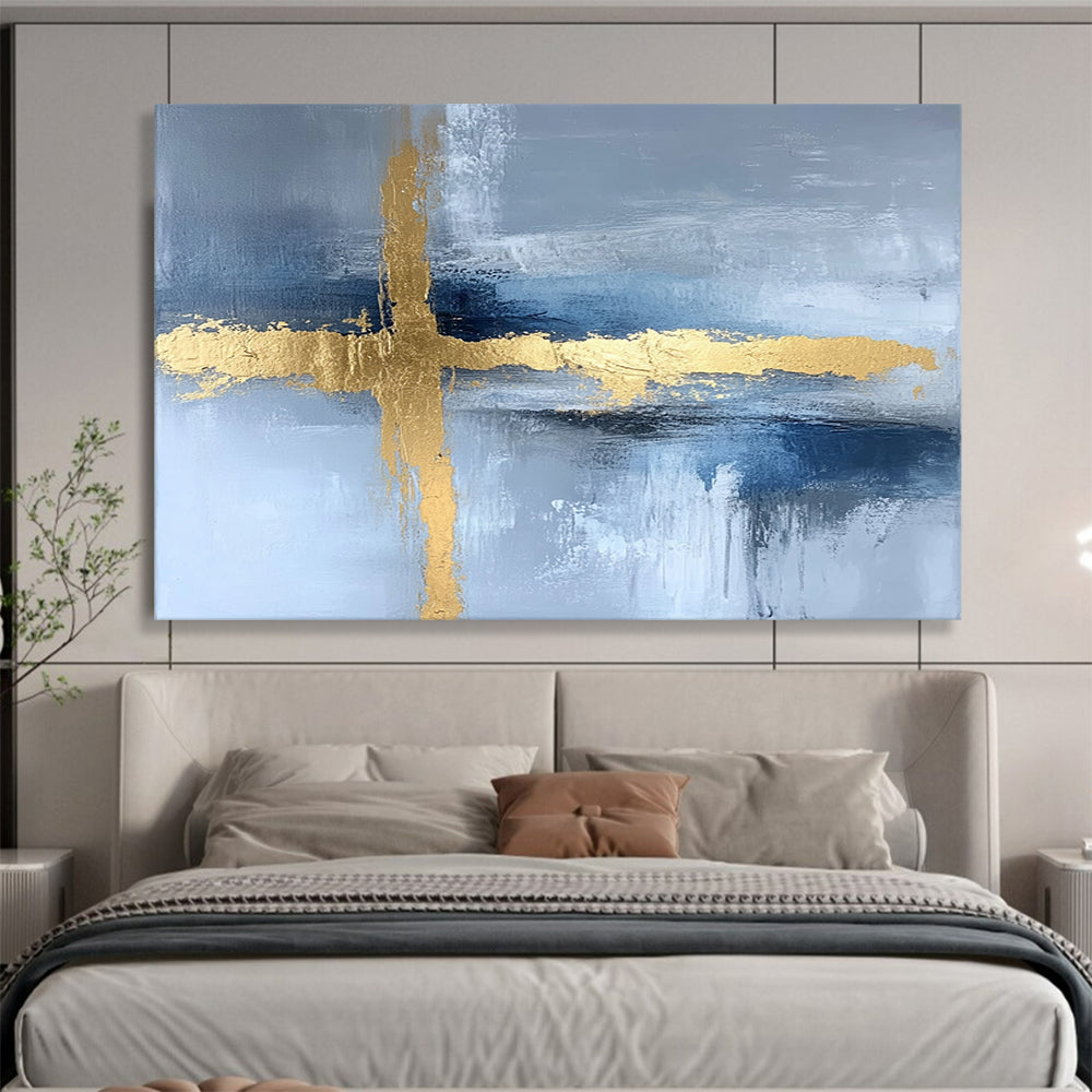 “Gold Cross on Blue - Gray Abstract” - Gold, Blue, Gray, Cross Shapes Painting On Canvas HB0816