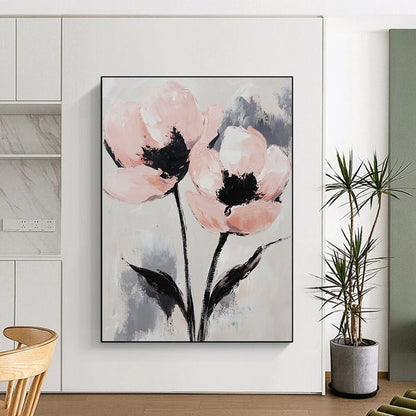 Contemporary abstract painting featuring elegant pink and gray flowers with long stems on a textured canvas background, exuding tranquility and intricate detail. DLZ1685