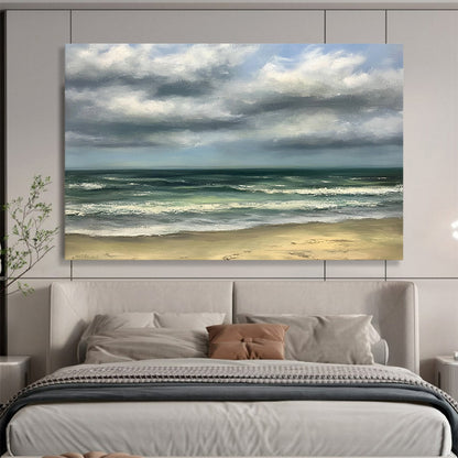 Green, Blue, Gray and Beige Cloudy Seaside "Calm Coast" Painting On Canvas HB0671