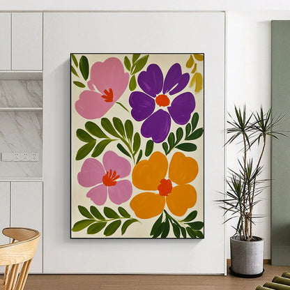 Contemporary hand-painted abstract art featuring vibrant pink and purple flowers against a white background with lush green leaves and vivid orange accents. DLZ1598