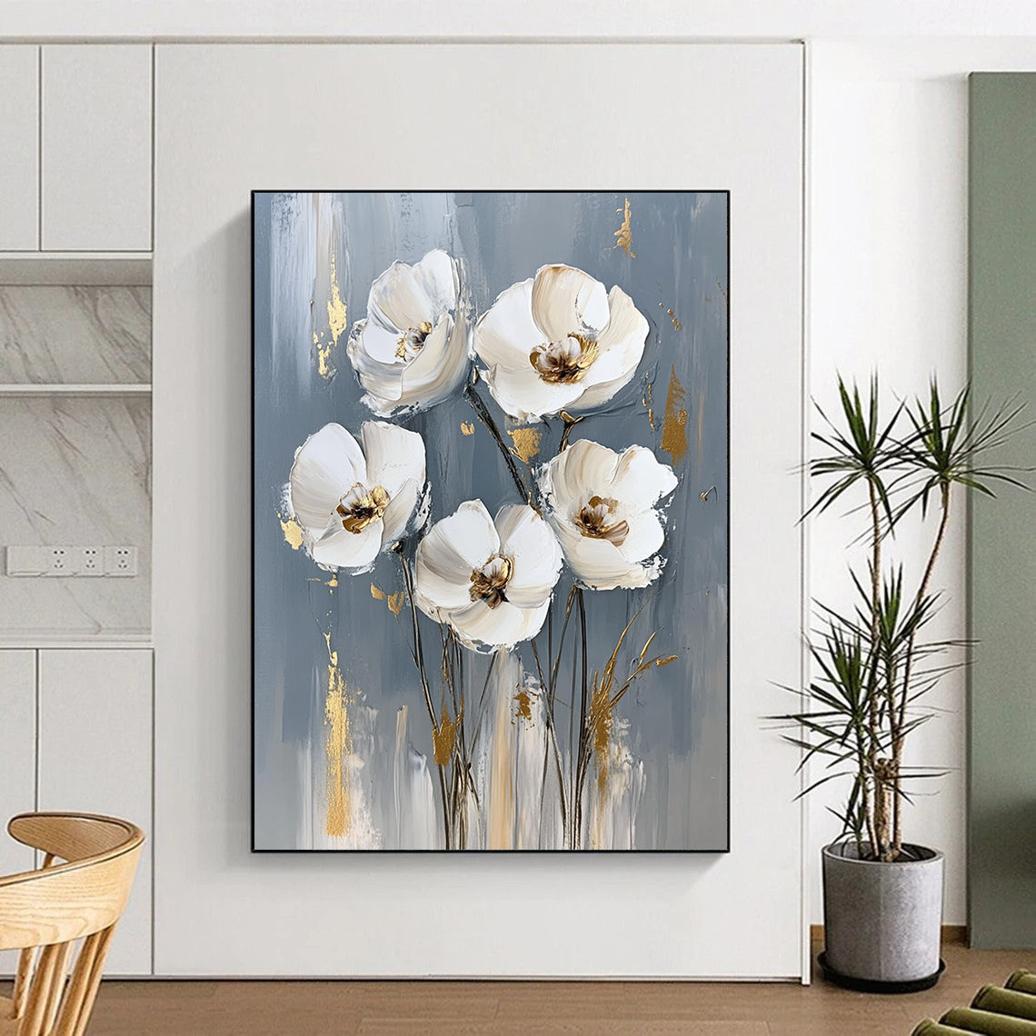 Contemporary abstract painting features white flowers on a gray background with striking gold accents, creating a sophisticated artistic touch for any space. DLZ0823