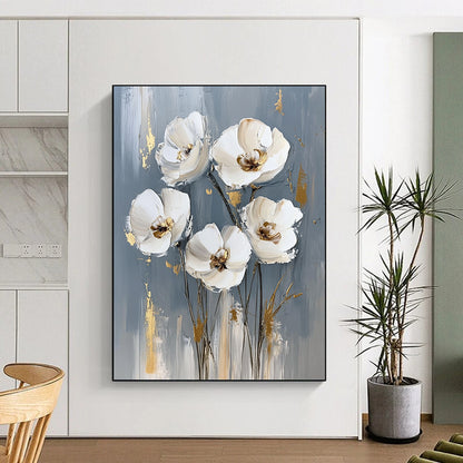 Contemporary abstract painting features white flowers on a gray background with striking gold accents, creating a sophisticated artistic touch for any space. DLZ0823