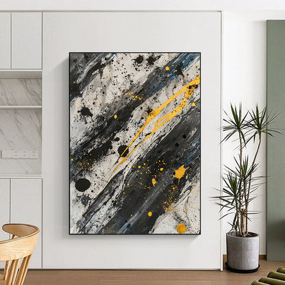 Black, White, Gray and Gold Splatter "Gilded Chaos" Painting On Canvas HB305
