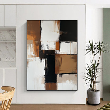 Contemporary hand-painted abstract art featuring bold brown and white color blocks with beige tones and striking black accents, showcasing minimalistic brush strokes. DLZ0735