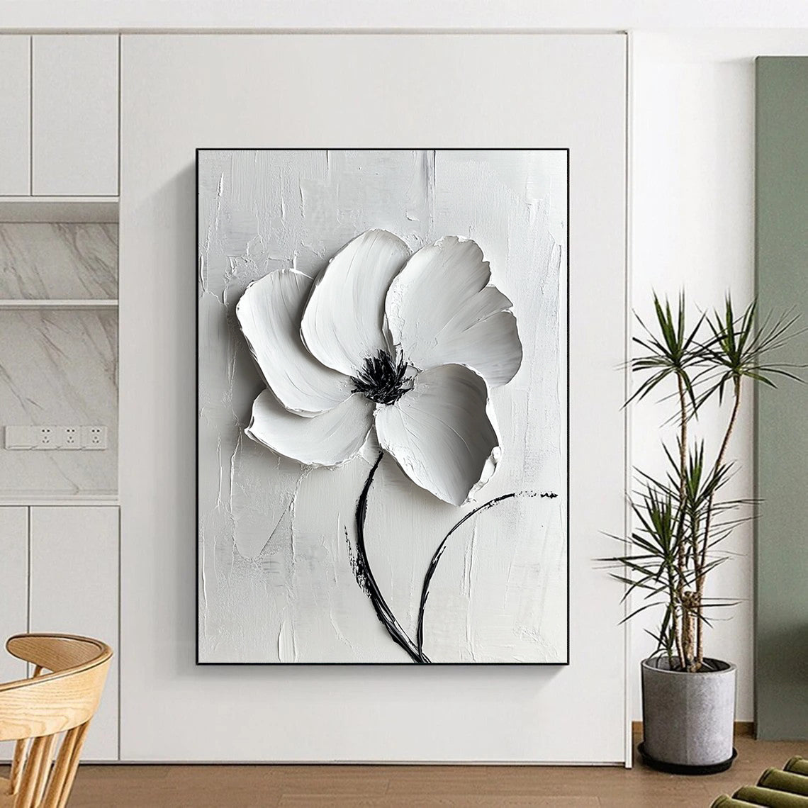 Contemporary large abstract painting featuring a white flower with textured lines and gentle lighting on a pure white background. DLZ1741