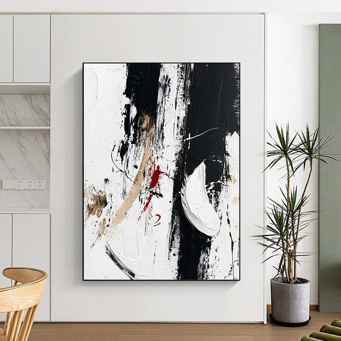 Contemporary abstract artwork features striking black brush strokes with white shoes embellished by vibrant red paint scribbles, embodying minimalism and fashion art style. DLZ0818