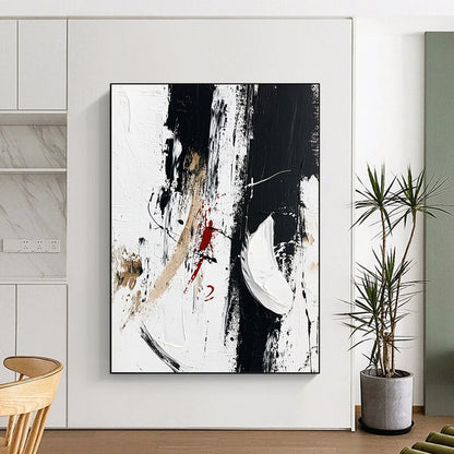 Contemporary abstract artwork features striking black brush strokes with white shoes embellished by vibrant red paint scribbles, embodying minimalism and fashion art style. DLZ0818