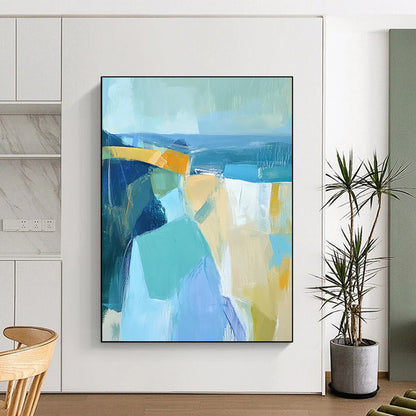 Contemporary abstract artwork features thick brushstrokes and geometric forms in muted blues and yellows, perfect for enhancing any modern space. DLZ0896