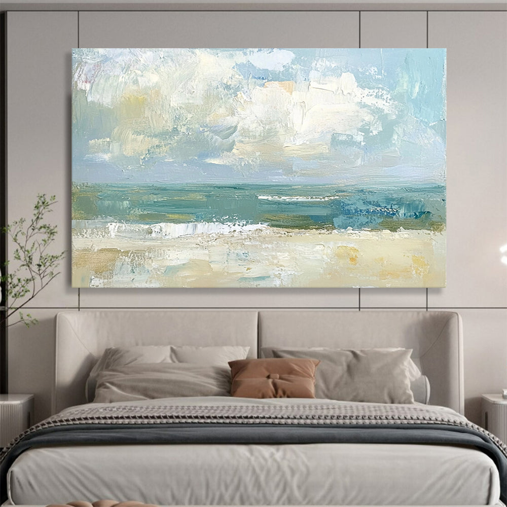 “Abstract Coastal View” - Muted Blues, Greens, Beiges, Textured Beach Scene - Oil Painting HB1613