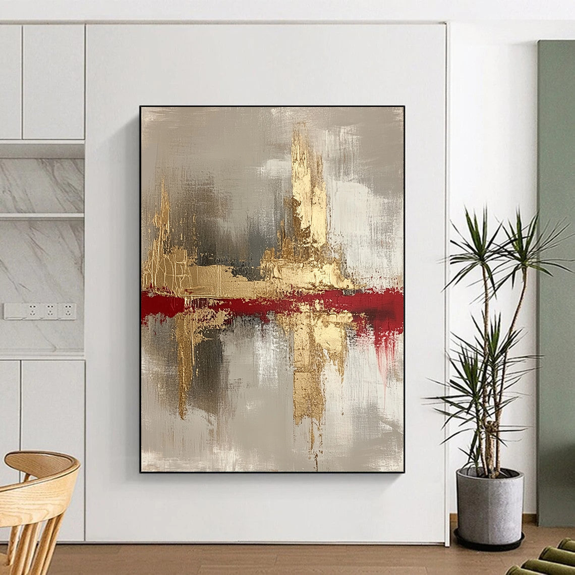 Contemporary hand-painted abstract art featuring gold, white, blue, black, and gray tones on a soft white background, perfect for modern decor. DLZ0437