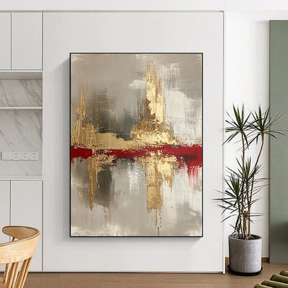 Contemporary hand-painted abstract art featuring gold, white, blue, black, and gray tones on a soft white background, perfect for modern decor. DLZ0437