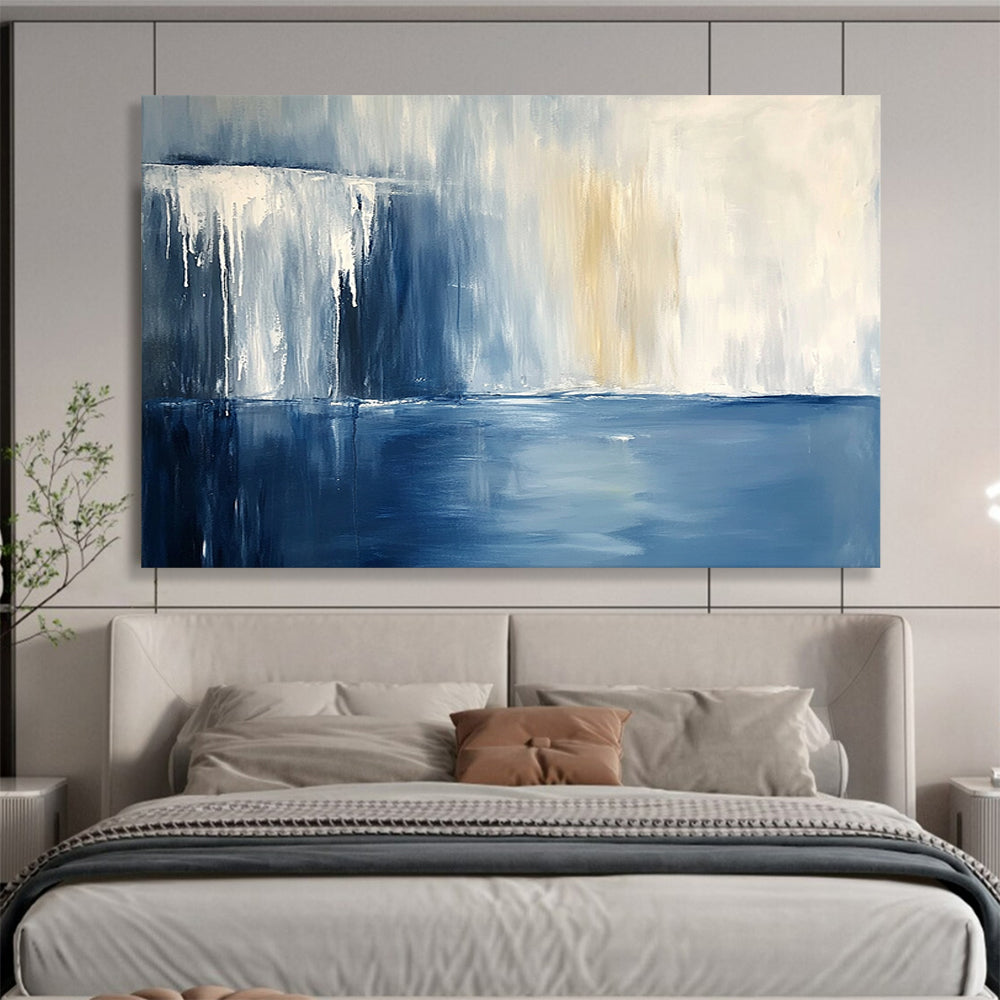 “Blue and White Abstract Waterfall” - Blue, White, Abstract Waterfall Scene Painting On Canvas HB1006