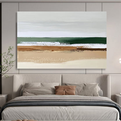 “Abstract Beach Layers” - Earthy brown, green, white, Minimalist Seascape Painting On Canvas HB0614