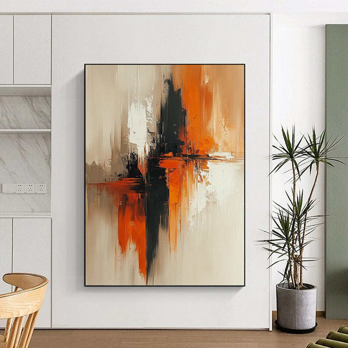 Contemporary abstract artwork features beige and rust tones, vertical composition, large brush strokes, soft edges, and blurred details on textured canvas. DLZ0727