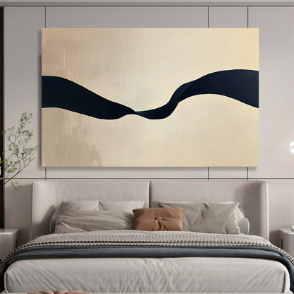 “Black Ribbon on Beige” - Black, Beige, Curved Ribbon Shape - Minimalist Acrylic Painting HB1666
