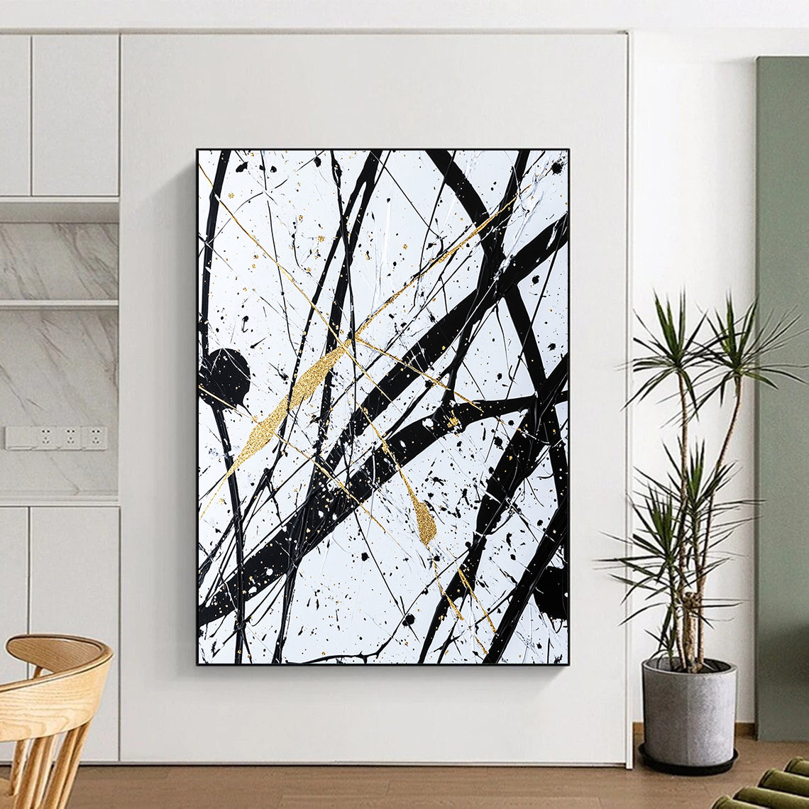 Black, White, Gold, Intertwined Lines "Gilded Chaos" Abstract Expressionist Painting On Canvas HB047