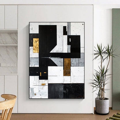 Black, White, Gray, Gold, Textured Rectangles "Gilded Rustic Modern" Abstract Modernist Painting On Canvas HB130