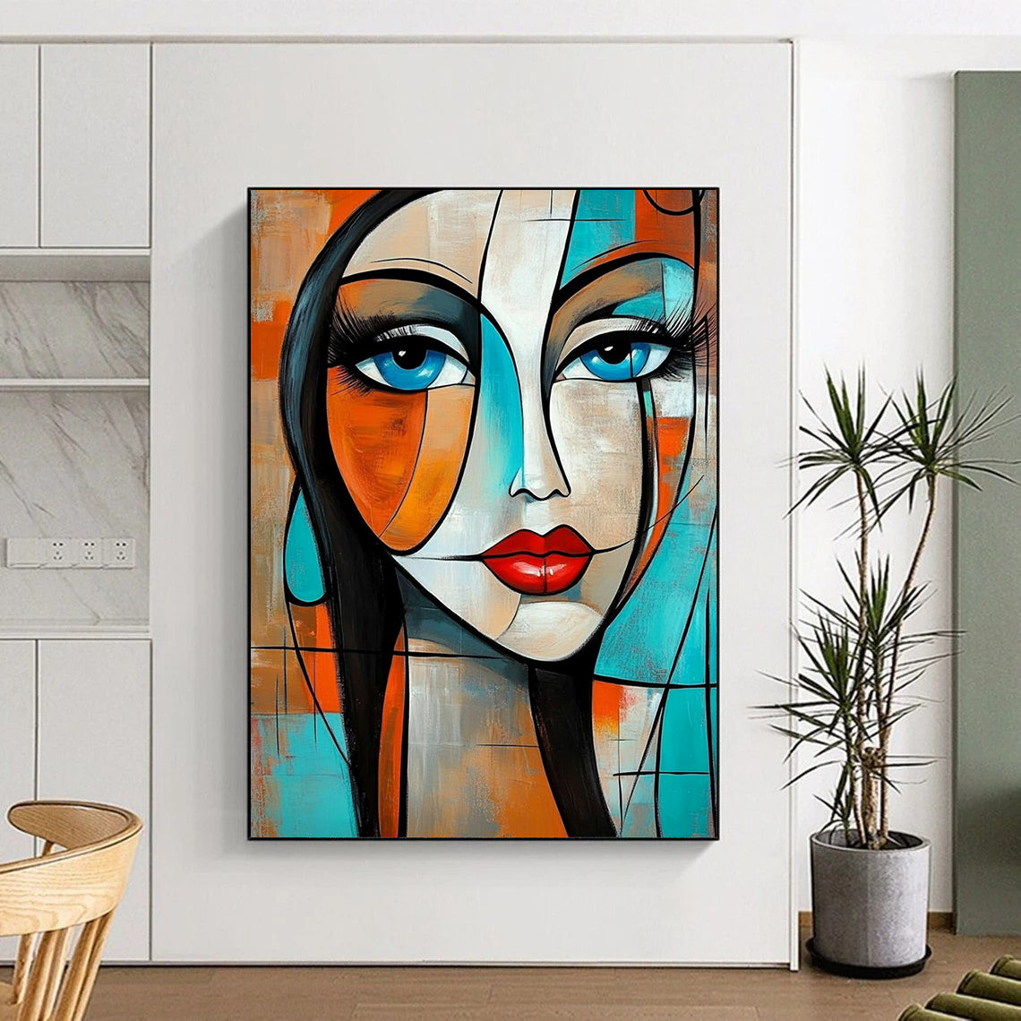 Contemporary abstract painting featuring a woman with geometric shapes and flowing hair in vibrant orange and turquoise tones. DLZ0785