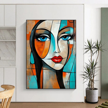 Contemporary abstract painting featuring a woman with geometric shapes and flowing hair in vibrant orange and turquoise tones. DLZ0785