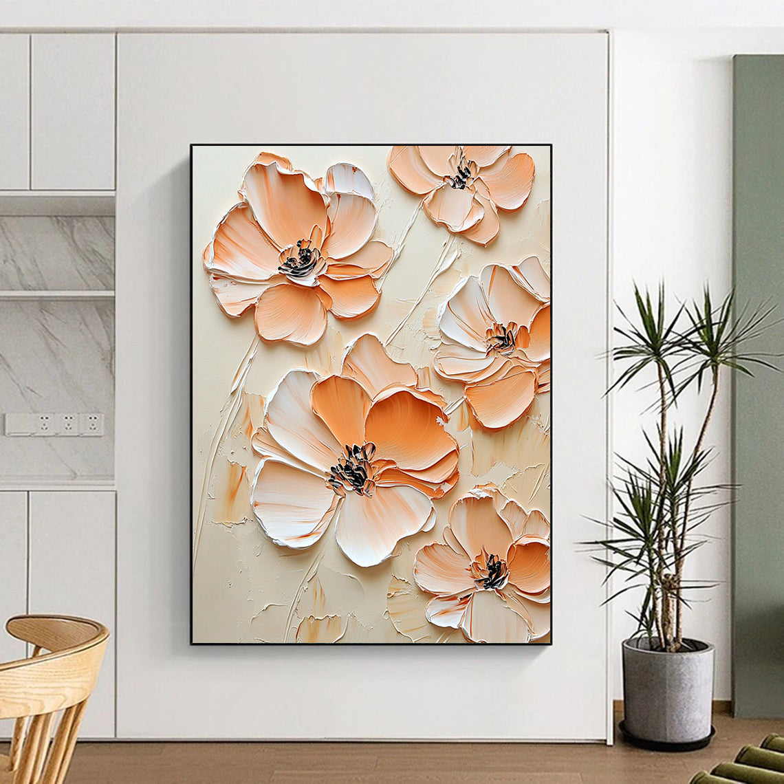 Contemporary abstract art features peach-colored flowers against a cream background with an embossed effect in beige and white for an elegant aesthetic. DLZ1688